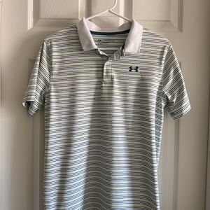 Under Armour Boys White Polo with Green & Navy Stripes XL